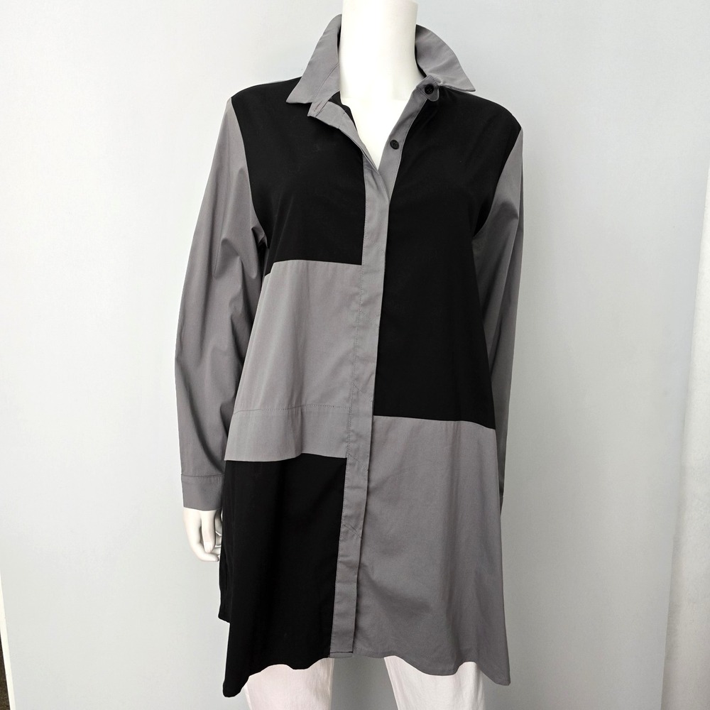 Comfy USA Button Up Tunic Shirt Size M Black Gray Colorblock Art to Wear Long Sl